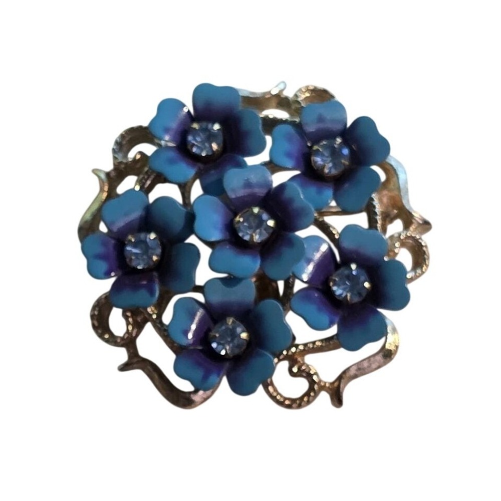 Avon Vintage Floral Enamel Rhinestone‎ Brooch Pin Blue Gold Tone 2" Statement
